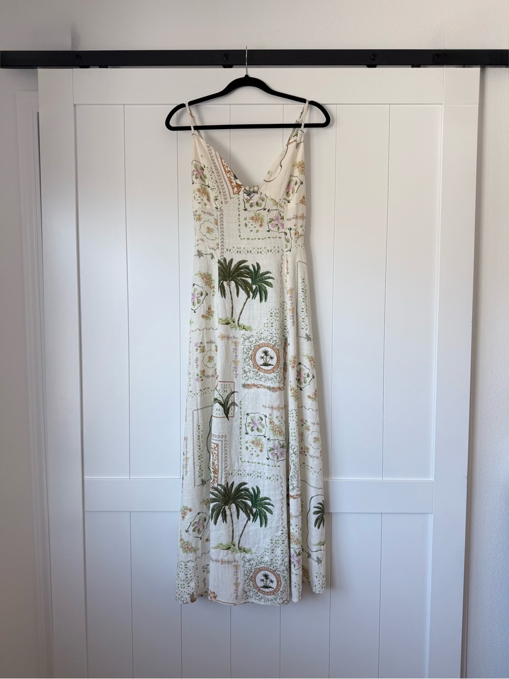 Paper Heart Anthro Linen Blend Palm Tree Tropical Boho Maxi Dress Pockets S NWT